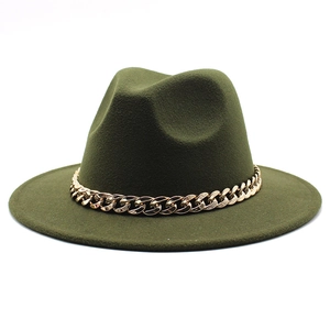 Detailed shot of olive green felt fedora hat with a thick decorative gold chain link