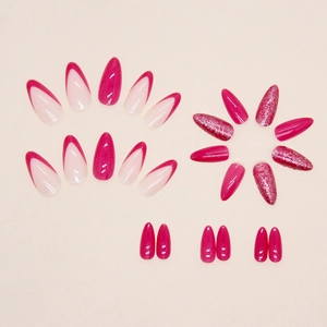 Deep rose red almond press-on nails set with glitter sequins and French tips