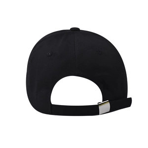 Rear view of black cotton baseball cap with adjustable silver metal buckle strap