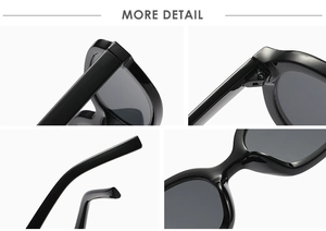 Close-up of black retro sunglasses hinges and glossy frames with dual-rivet details