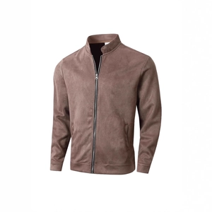 Slim fit men's suede jacket with stand collar and zipper in dark mocha coffee brown