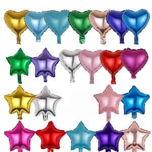 Variety of 10-inch metallic heart and star foil balloons in multiple vibrant colors