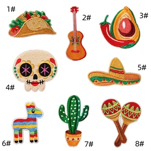 Set of 8 Mexican themed embroidery patches including guitar, avocado and skull motifs