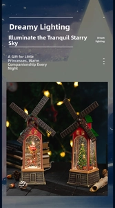 Close-up of retro Christmas windmill snow globe lanterns with Santa and tree scenes