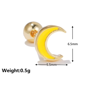 Golden crescent moon ear stud with yellow enamel and screw-back detail showing 6.5mm size