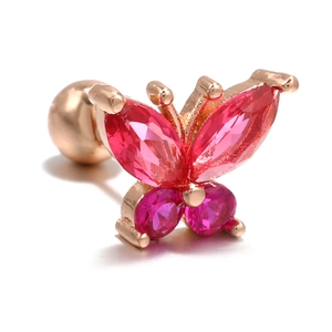 Pink butterfly tragus stud earring in rose gold with marquise zircon stones and screw ball back
