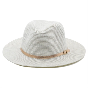 Detail of white fedora straw hat with champagne gold leather band and metal buckle