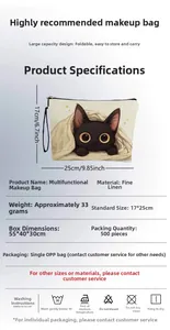 Detailed dimensions of the black cat printed linen makeup bag measuring 17x25cm