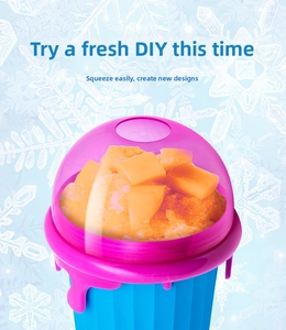Detail of 500ml DIY slushie maker cup with pink and blue colors and stripe texture