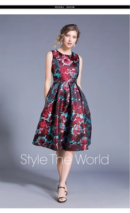 Detail of red and blue rose floral jacquard satin sleeveless dress texture and waist fit