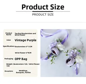 Detail of vintage purple tea rose boutonniere and wrist corsage for wedding events