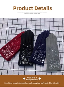 Close-up of winter knit gloves with rhinestone decor in burgundy, black, navy and grey