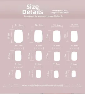 Size chart showing 24 pieces of short square pink press-on nails with 12 precise dimensions