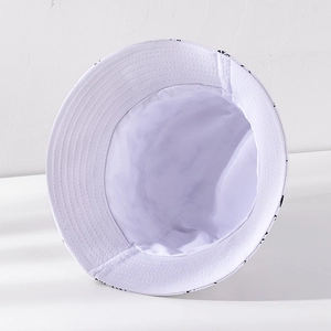 White breathable cotton bucket hat with black letter print and foldable brim design