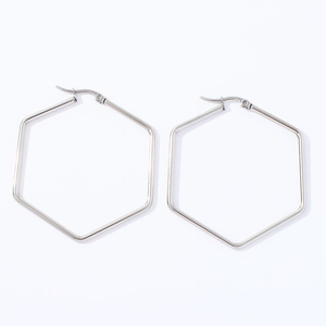 Polished silver stainless steel hexagonal hoop earrings in minimalist geometric style