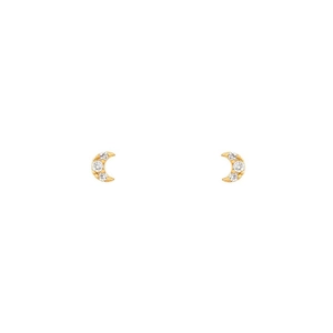 Detailed view of crescent moon stud earrings with gold plating and white zircon stones