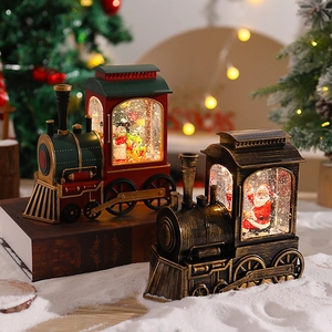 Vintage Christmas train musical snow globe with Santa Claus, LED light and glitter effect