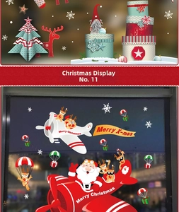 Christmas window stickers set with Santa flying plane, reindeer, and snowflakes decals