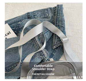 Detail view of adjustable silver nylon shoulder strap with metallic buckle on transparent bag