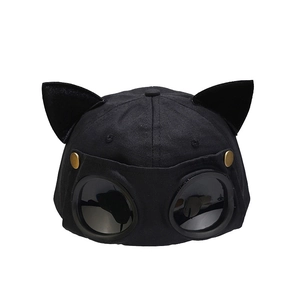Black pilot baseball cap with cat ears and decorative goggles shown on white background