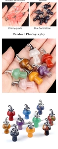 Macro shot of assorted gemstone mushroom pendants with silver loops for DIY jewelry