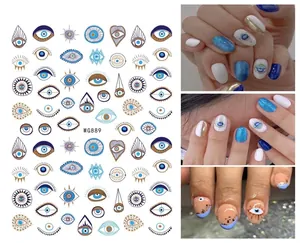 Detail of blue evil eye nail art decals showing size 80x103mm and WG889 design sheets