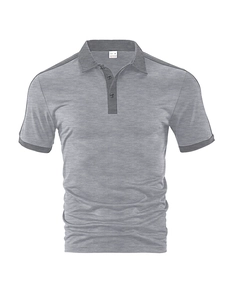 Detailed macro view of gray short sleeve polo shirt collar with size M and material tag