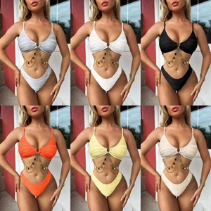 Women Bikini Swimsuit Ribbed Pleated Fabric Metal Chain Sequins Strappy High Cut Swimwear Beachwear Sexy Summer