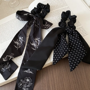 French vintage style fabric hair scrunchies with floral and polka dot ribbon patterns