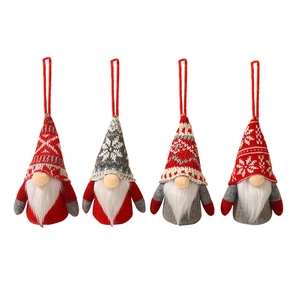 Set of 4 hanging LED Christmas forest gnomes in red, grey, and white knit fabric