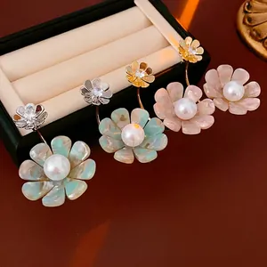 Elegant marble petal flower earrings with pearls and rhinestones in pink and blue