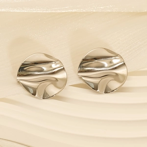 Irregular wrinkled wave disk earrings in silver stainless steel with 18k vacuum plating