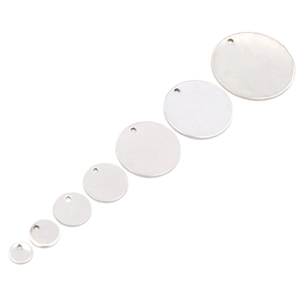 Detailed comparison of round stainless steel tags in 8 sizes with polished silver finish