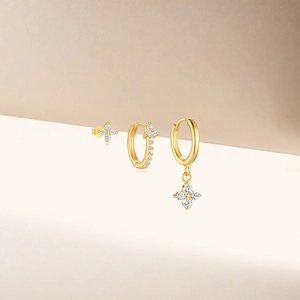 Detailed shot of S925 sterling silver earring set with gold finish and zircon stones