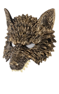 Detailed view of 3D wolf mask texture with metallic bronze finish and realistic fur details