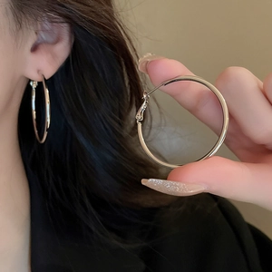 Macro detail of geometric silver hoop earrings with a sleek metallic finish