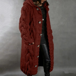 Detail of chunky knit dark red hooded cardigan featuring large buttons and pocket