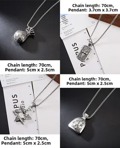 Detailed view of four retro silver pendants with dimensions and 70cm chain length