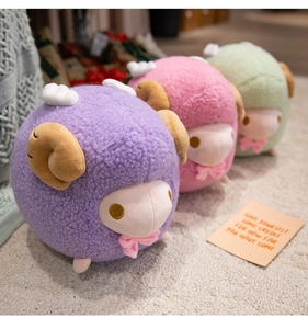 Detailed trio of cute plush lambs in purple, pink and green with soft curly fleece