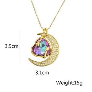 Detail showing 3.9cm by 3.1cm moon and heart pendant with dimensions and 15g weight