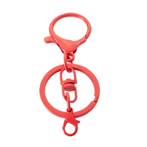 Metallic red infinity swivel keychain set with lobster clasps and rings on white background