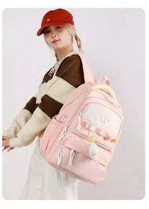 Pink school backpack with cute bear print and multiple zipper compartments for girls