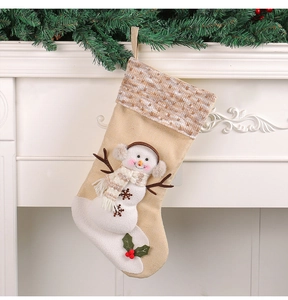 Detail of a beige Christmas stocking with a 3D snowman and festive fireplace backdrop