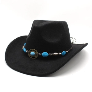 Classic black wool fedora cowboy hat with ethnic style turquoise bead band and wide brim
