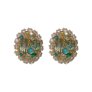 Vintage gold geometric earrings with colorful zircon crystals and faux pearls