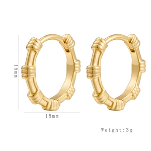 Detail view of 15mm bamboo texture gold plated hoop earrings with size and weight specs