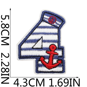 Detail of nautical number 4 embroidery patch with blue stripes and anchor measurements