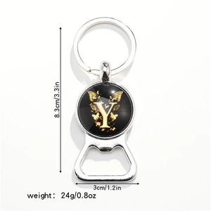 Detail shot of golden letter Y butterfly bottle opener keychain with size specifications