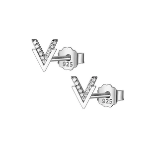 Sparkling S925 sterling silver V-shape stud earrings with pavé set cubic zirconia stones