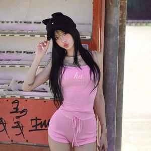 Women Ribbed Knit Camisole And Shorts Outfit Letter Embroidery Slim Fit Summer Casual Sporty Streetwear Clothing